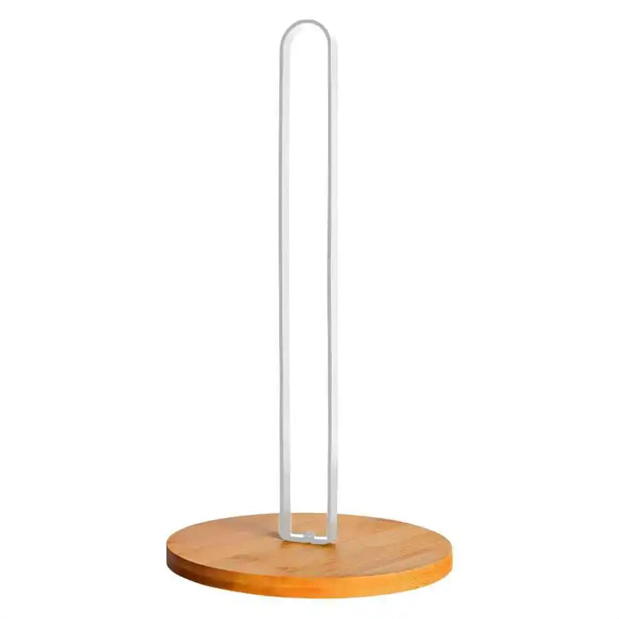 White rod paper towel holder with bamboo base